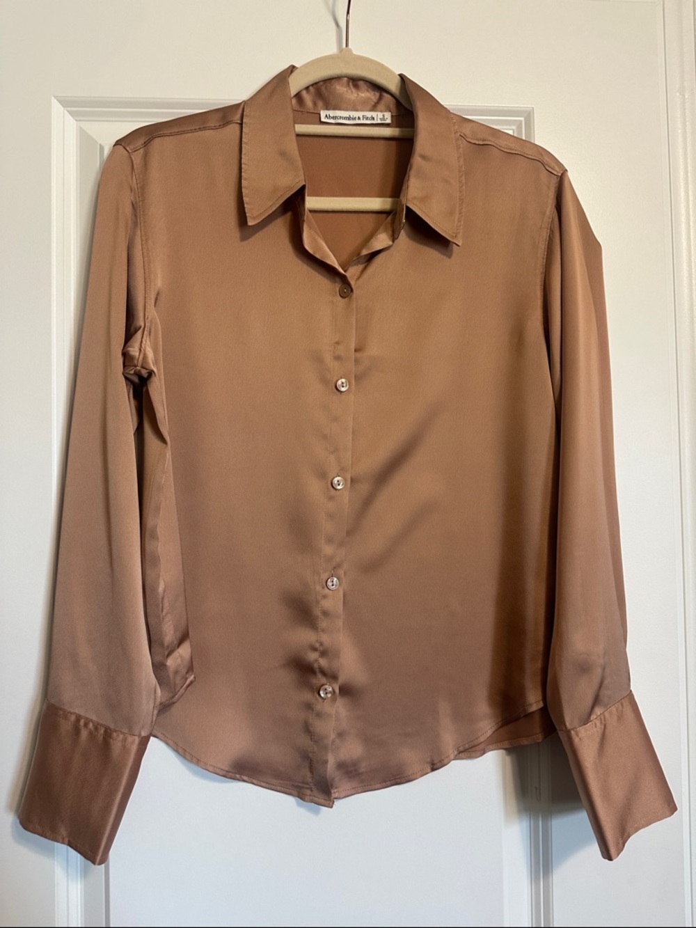 Abercrombie & Fitch Satin Button-Up Blouse in Camel Brown